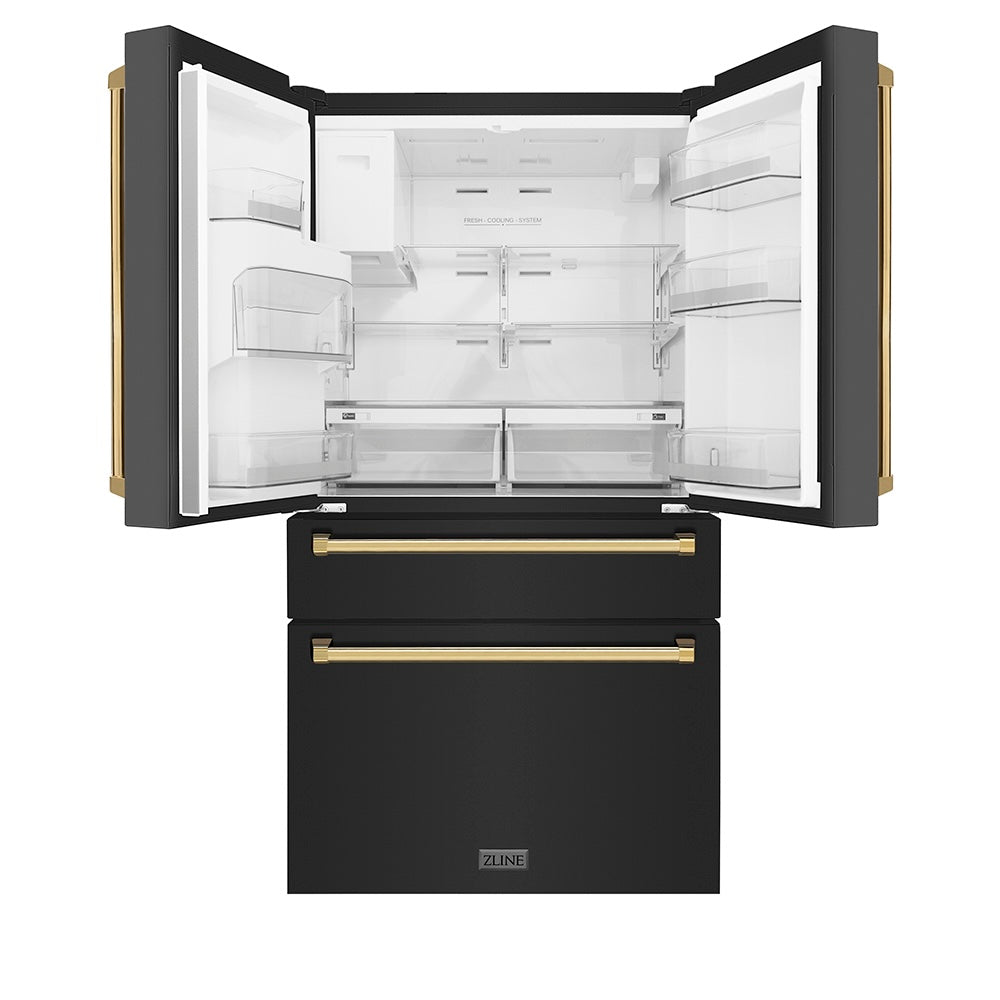 ZLINE Autograph Edition 36 in. 21.6 cu. ft. Counter-Depth French Door Refrigerator with Water and Ice Dispenser in Fingerprint-Resistant Black Stainless Steel with Polished Gold Traditional Handles (RFMZ-W-36-BS-G) front, refrigeration compartment open.