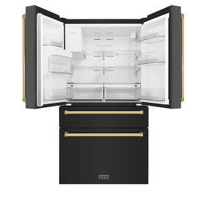 ZLINE Autograph Edition 36 in. 21.6 cu. ft. Counter-Depth French Door Refrigerator with Water and Ice Dispenser in Fingerprint-Resistant Black Stainless Steel with Polished Gold Traditional Handles (RFMZ-W-36-BS-G) front, refrigeration compartment open.