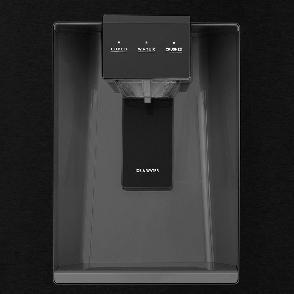 ZLINE Autograph Edition 36 in. 21.6 cu. ft. Counter-Depth French Door Refrigerator with Water and Ice Dispenser in Fingerprint-Resistant Black Stainless Steel with Polished Gold Traditional Handles (RFMZ-W-36-BS-G)