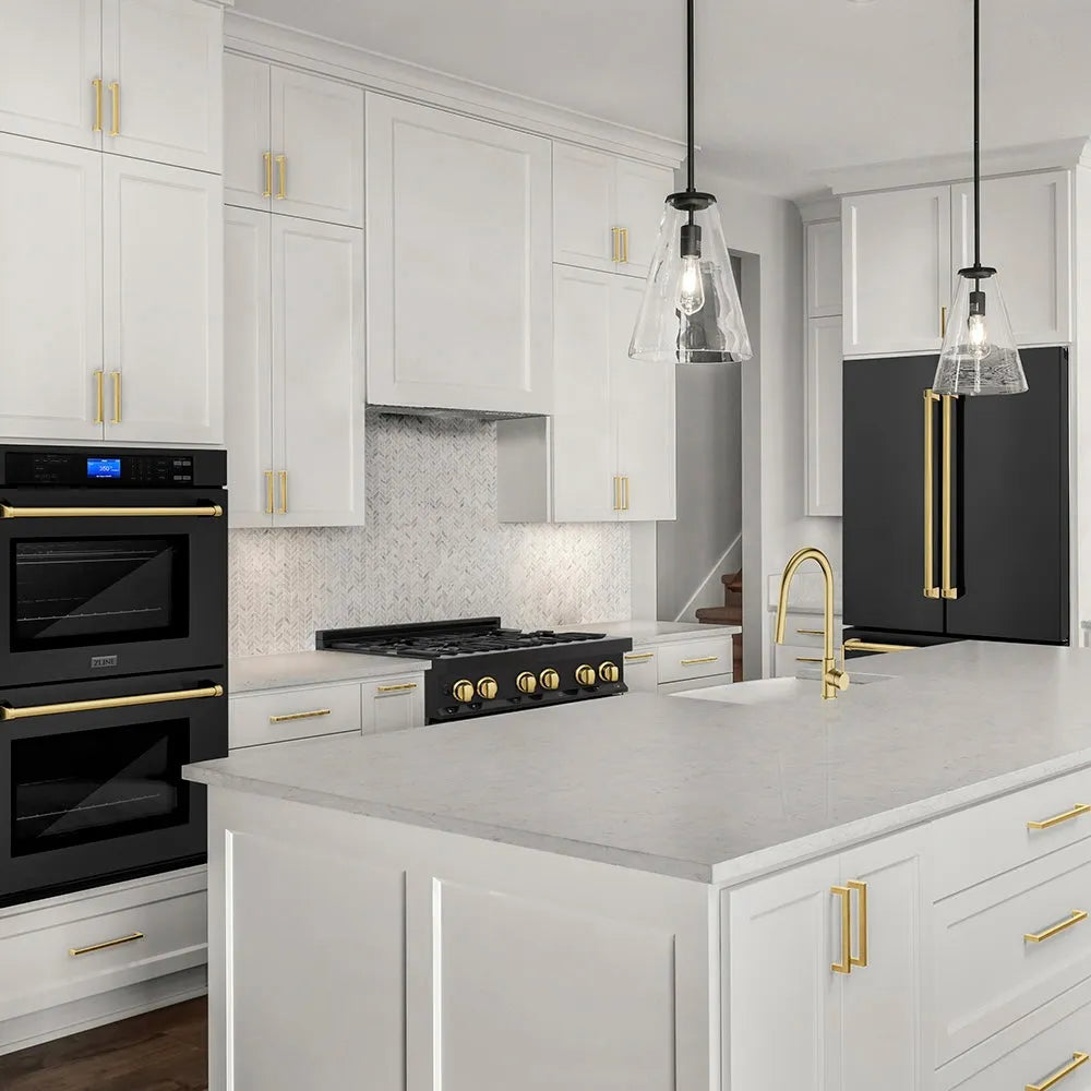 Modern kitchen with white cabinets, ZLINE Autograph Edition 36 in. 21.6 cu. ft. Counter-Depth French Door Refrigerator with Water and Ice Dispenser in Fingerprint-Resistant Black Stainless Steel with Polished Gold Traditional Handles (RFMZ-W-36-BS-G), and gold fixtures.