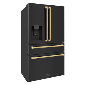 ZLINE Autograph Edition 36 in. 21.6 cu. ft. Counter-Depth French Door Refrigerator with Water and Ice Dispenser in Fingerprint-Resistant Black Stainless Steel with Polished Gold Traditional Handles (RFMZ-W-36-BS-G) side, closed.