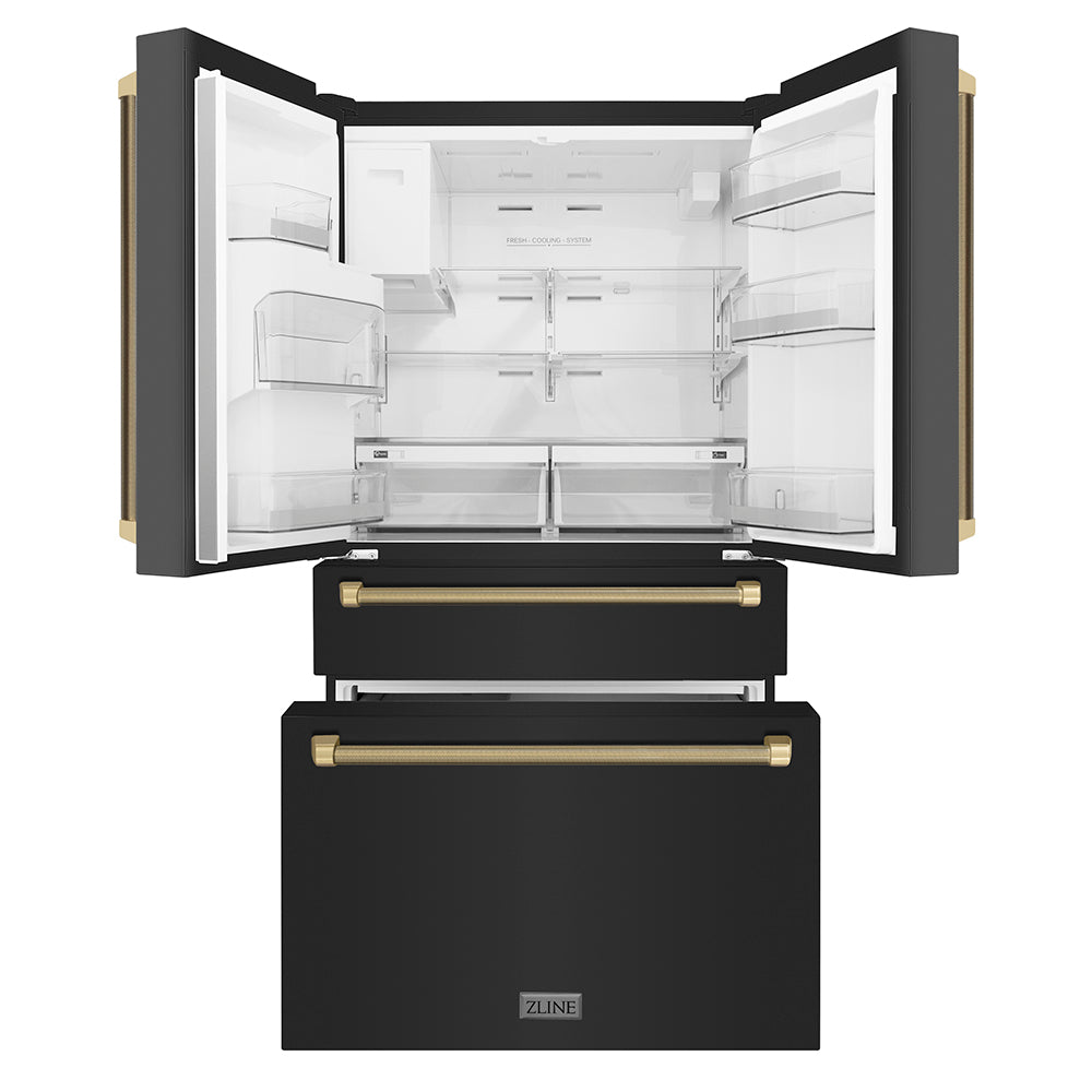ZLINE Autograph Edition 36 in. 21.6 cu. ft. Counter-Depth French Door Refrigerator with Water and Ice Dispenser in Fingerprint-Resistant Black Stainless Steel with Champagne Bronze Helix Handles (RFMZ-W36-BS-KCB) front, refrigeration compartment and bottom freezer drawers open.