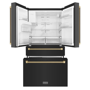 ZLINE Autograph Edition 36 in. 21.6 cu. ft. Counter-Depth French Door Refrigerator with Water and Ice Dispenser in Fingerprint-Resistant Black Stainless Steel with Champagne Bronze Helix Handles (RFMZ-W36-BS-KCB) front, refrigeration compartment and bottom freezer drawers open.