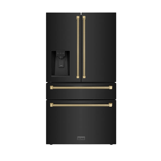 ZLINE Autograph Edition 36 in. 21.6 cu. ft. Counter-Depth French Door Refrigerator with Water and Ice Dispenser in Fingerprint-Resistant Black Stainless Steel with Champagne Bronze Helix Handles (RFMZ-W36-BS-KCB)