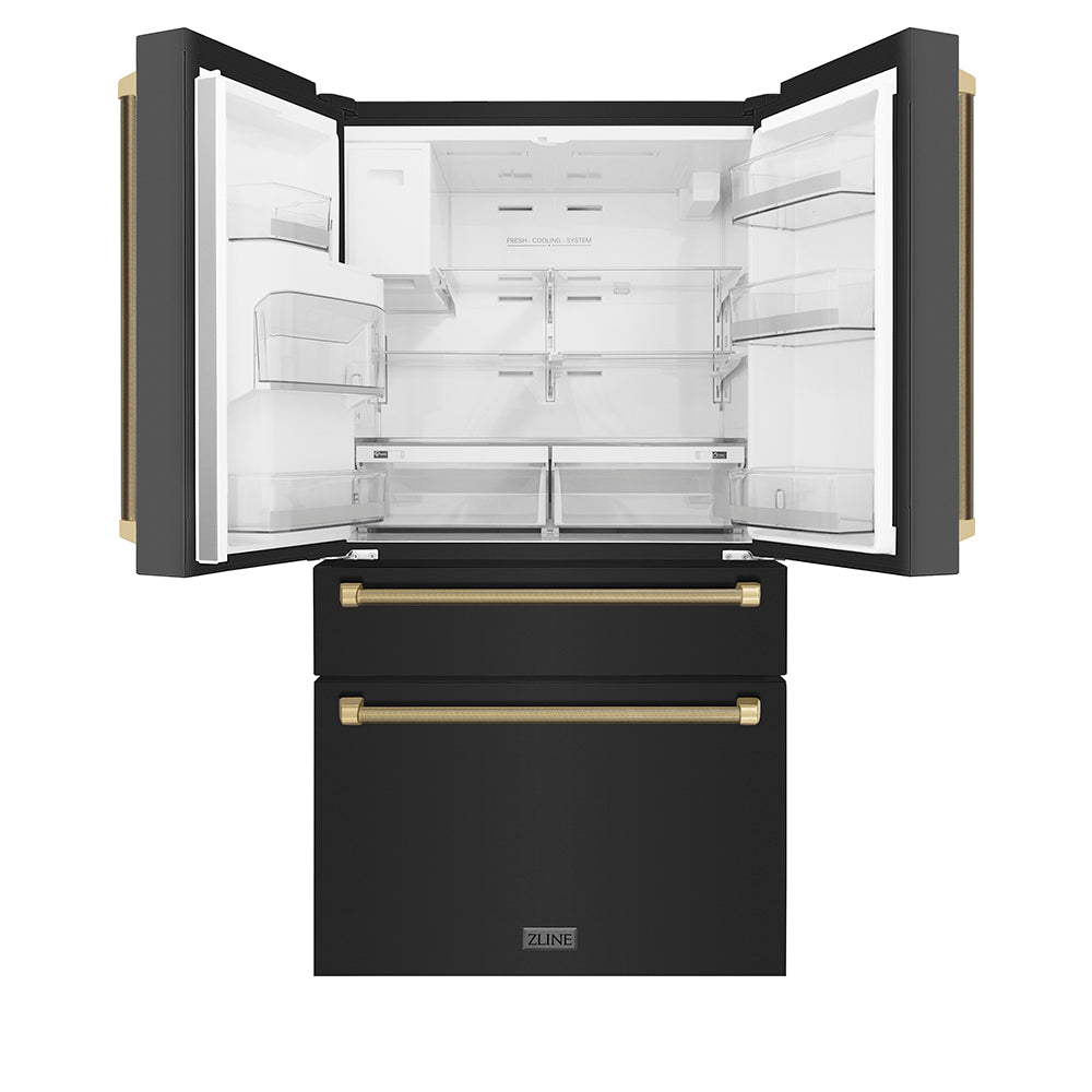 ZLINE Autograph Edition 36 in. 21.6 cu. ft. Counter-Depth French Door Refrigerator with Water and Ice Dispenser in Fingerprint-Resistant Black Stainless Steel with Champagne Bronze Helix Handles (RFMZ-W36-BS-KCB) front, open.