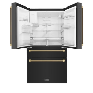 ZLINE Autograph Edition 36 in. 21.6 cu. ft. Counter-Depth French Door Refrigerator with Water and Ice Dispenser in Fingerprint-Resistant Black Stainless Steel with Champagne Bronze Helix Handles (RFMZ-W36-BS-KCB) front, open.