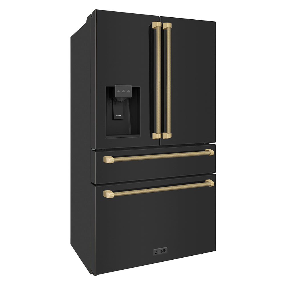 ZLINE Autograph Edition 36 in. 21.6 cu. ft. Counter-Depth French Door Refrigerator with Water and Ice Dispenser in Fingerprint-Resistant Black Stainless Steel with Champagne Bronze Helix Handles (RFMZ-W36-BS-KCB) side.