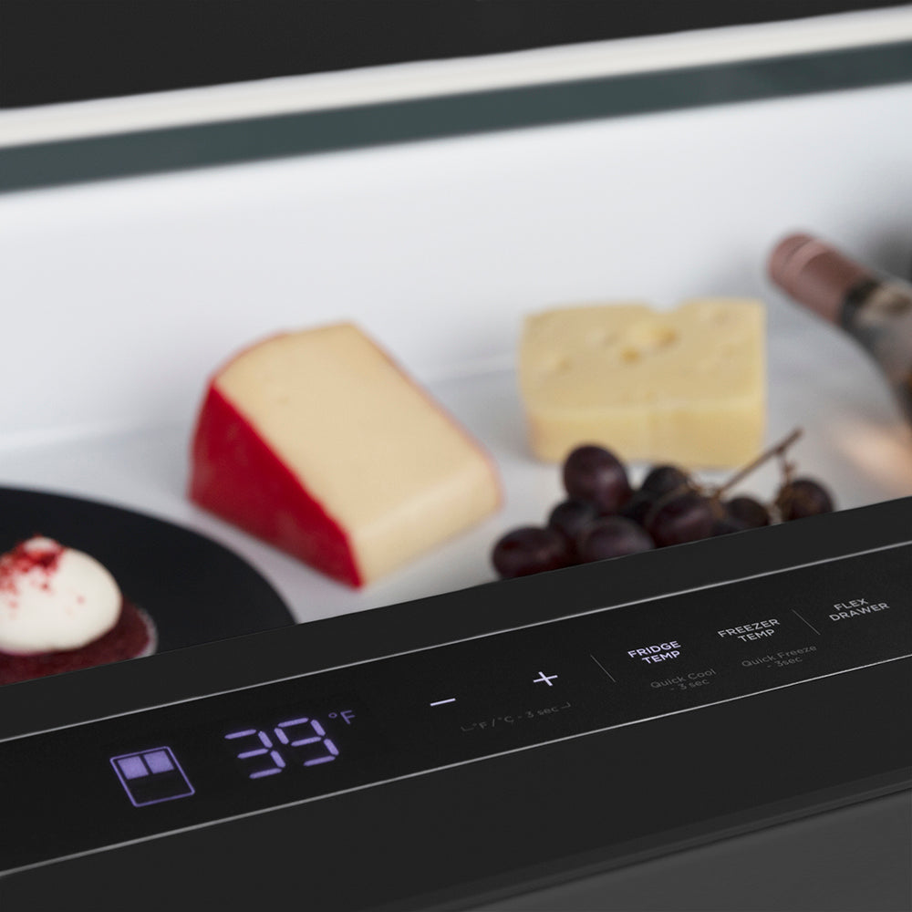 ZLINE Autograph Edition 36 in. 21.6 cu. ft. Counter-Depth French Door Refrigerator with Water and Ice Dispenser in Fingerprint-Resistant Black Stainless Steel with Polished Gold Helix Handles (RFMZ-W-36-BS-KG) digital temperature display next to food items inside drawer.