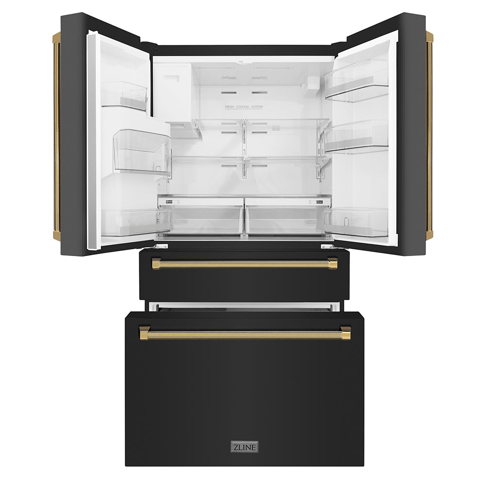 ZLINE Autograph Edition 36 in. 21.6 cu. ft. Counter-Depth French Door Refrigerator with Water and Ice Dispenser in Fingerprint-Resistant Black Stainless Steel with Polished Gold Helix Handles (RFMZ-W-36-BS-KG) front, refrigeration compartment and bottom freezer drawers open.