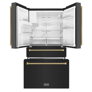 ZLINE Autograph Edition 36 in. 21.6 cu. ft. Counter-Depth French Door Refrigerator with Water and Ice Dispenser in Fingerprint-Resistant Black Stainless Steel with Polished Gold Helix Handles (RFMZ-W-36-BS-KG) front, refrigeration compartment and bottom freezer drawers open.