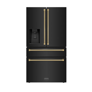ZLINE Autograph Edition 36 in. 21.6 cu. ft. Counter-Depth French Door Refrigerator with Water and Ice Dispenser in Fingerprint-Resistant Black Stainless Steel with Polished Gold Helix Handles (RFMZ-W-36-BS-KG)