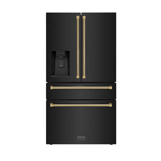 ZLINE Autograph Edition 36 in. 21.6 cu. ft. Counter-Depth French Door Refrigerator with Water and Ice Dispenser in Fingerprint-Resistant Black Stainless Steel with Polished Gold Helix Handles (RFMZ-W-36-BS-KG)