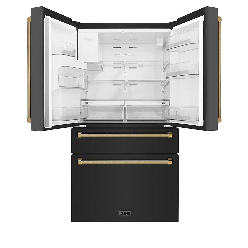 ZLINE Autograph Edition 36 in. 21.6 cu. ft. Counter-Depth French Door Refrigerator with Water and Ice Dispenser in Fingerprint-Resistant Black Stainless Steel with Polished Gold Helix Handles (RFMZ-W-36-BS-KG) front, open.