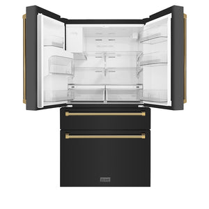 ZLINE Autograph Edition 36 in. 21.6 cu. ft. Counter-Depth French Door Refrigerator with Water and Ice Dispenser in Fingerprint-Resistant Black Stainless Steel with Polished Gold Helix Handles (RFMZ-W-36-BS-KG) front, open.