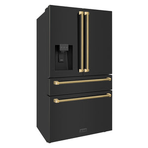 ZLINE Autograph Edition 36 in. 21.6 cu. ft. Counter-Depth French Door Refrigerator with Water and Ice Dispenser in Fingerprint-Resistant Black Stainless Steel with Polished Gold Helix Handles (RFMZ-W-36-BS-KG) side.