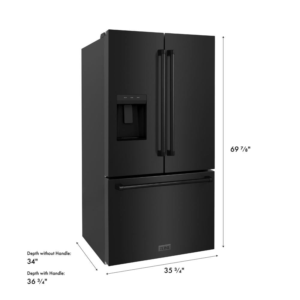 ZLINE 36 in. 28.9 cu. ft. Standard-Depth French Door External Water Dispenser Refrigerator with Dual Ice Maker in Fingerprint-Resistant Black Stainless Steel (RSM-W-36-BS) dimensional diagram.