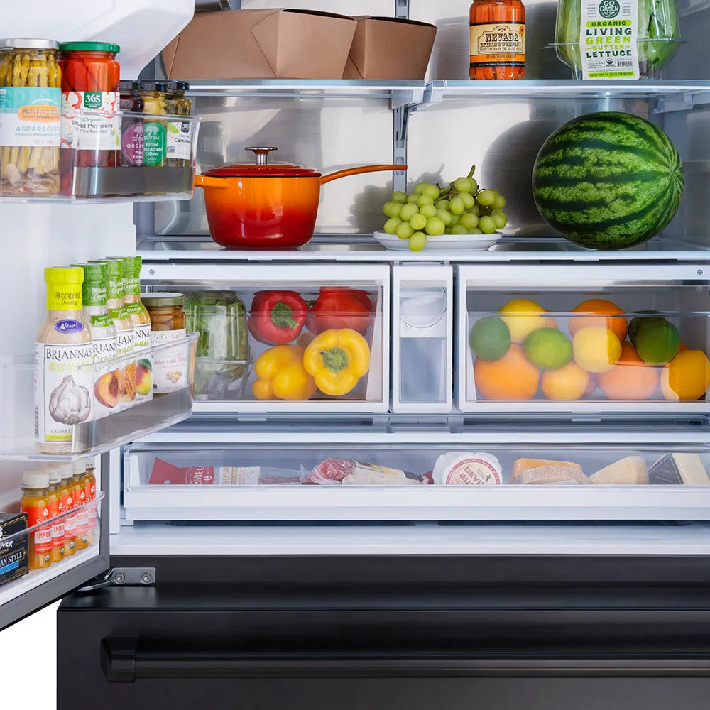 Open ZLINE 36 in. 28.9 cu. ft. Standard-Depth French Door External Water Dispenser Refrigerator with Dual Ice Maker in Fingerprint-Resistant Black Stainless Steel (RSM-W-36-BS) with various food items on the shelves