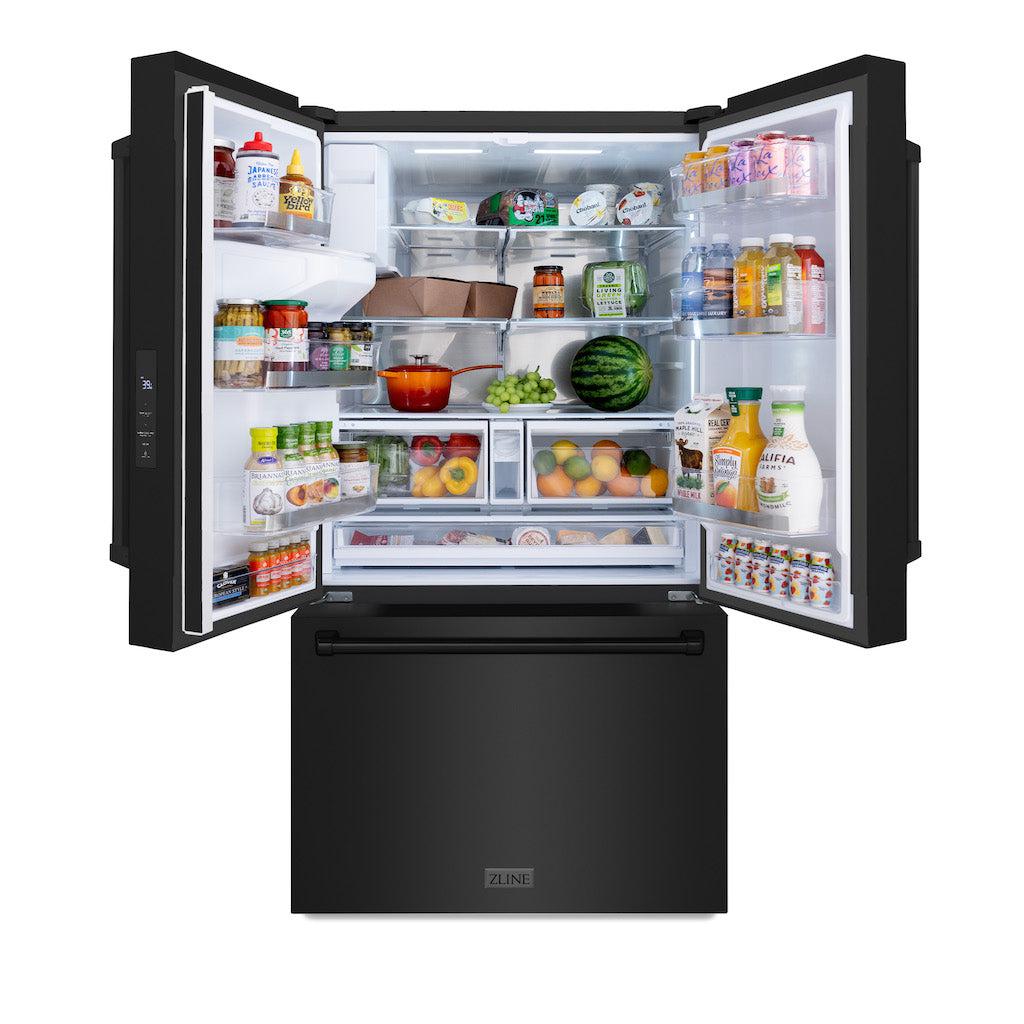 ZLINE 36 in. 28.9 cu. ft. Standard-Depth French Door External Water Dispenser Refrigerator with Dual Ice Maker in Black Stainless Steel (RSM-W-36-BS) front, refrigeration compartment open with food inside.