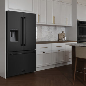 ZLINE 36 in. 28.9 cu. ft. Standard-Depth French Door External Water Dispenser Refrigerator with Dual Ice Maker in Fingerprint-Resistant Black Stainless Steel (RSM-W-36-BS) in a modern farmhouse kitchen with white cabinets and marble backsplash.