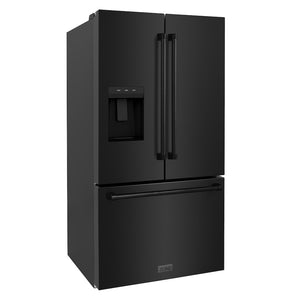 ZLINE 36 in. 28.9 cu. ft. Standard-Depth French Door External Water Dispenser Refrigerator with Dual Ice Maker in Fingerprint-Resistant Black Stainless Steel (RSM-W-36-BS) side, closed.