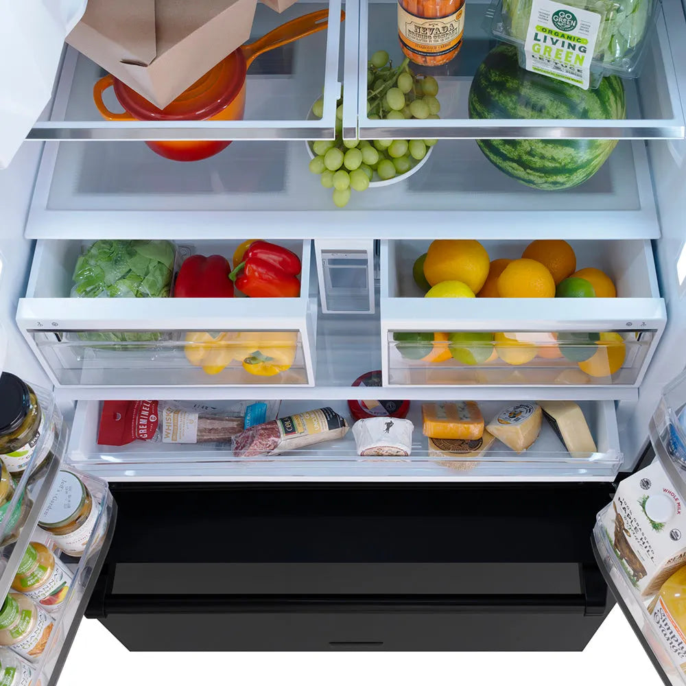 Open ZLINE 36 in. 28.9 cu. ft. Standard-Depth French Door External Water Dispenser Refrigerator with Dual Ice Maker in Fingerprint-Resistant Black Stainless Steel (RSM-W-36-BS) with various food items on the shelves