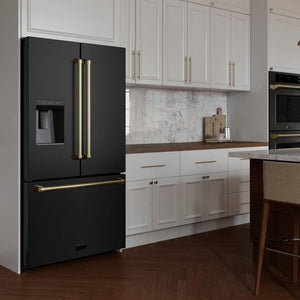 ZLINE Autograph Edition 36 in. 28.9 cu. ft. Standard-Depth French Door External Water Dispenser Refrigerator with Dual Ice Maker in Black Stainless Steel and Champagne Bronze Handles (RSMZ-W-36-BS-CB) in a luxury kitchen with white cabinets, side.