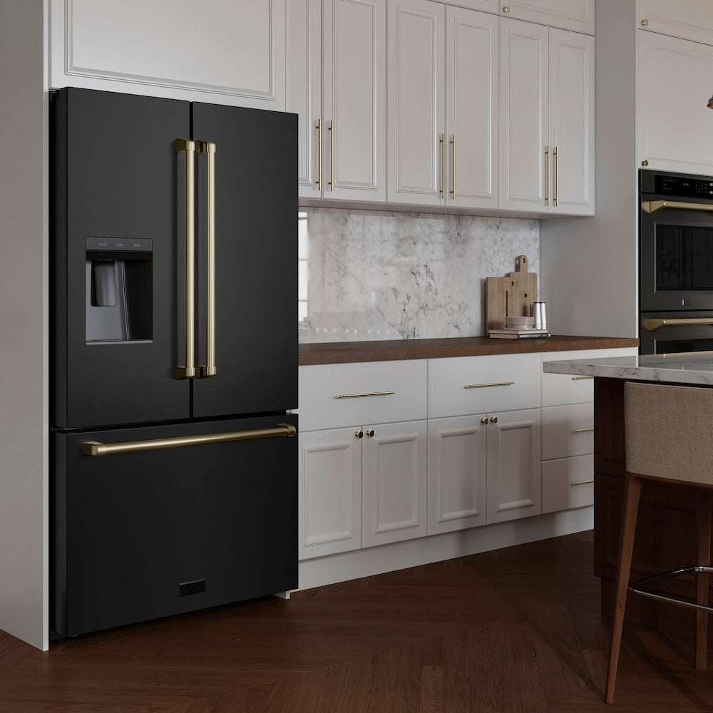 Modern farmhouse kitchen with a ZLINE Autograph Edition 36 in. 28.9 cu. ft. Standard-Depth French Door External Water Dispenser Refrigerator with Dual Ice Maker in Fingerprint-Resistant Black Stainless Steel and Champagne Bronze Traditional Handles (RSMZ-W-36-BS-CB) and white cabinets.