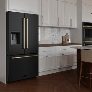 Modern farmhouse kitchen with a ZLINE Autograph Edition 36 in. 28.9 cu. ft. Standard-Depth French Door External Water Dispenser Refrigerator with Dual Ice Maker in Fingerprint-Resistant Black Stainless Steel and Champagne Bronze Traditional Handles (RSMZ-W-36-BS-CB) and white cabinets.