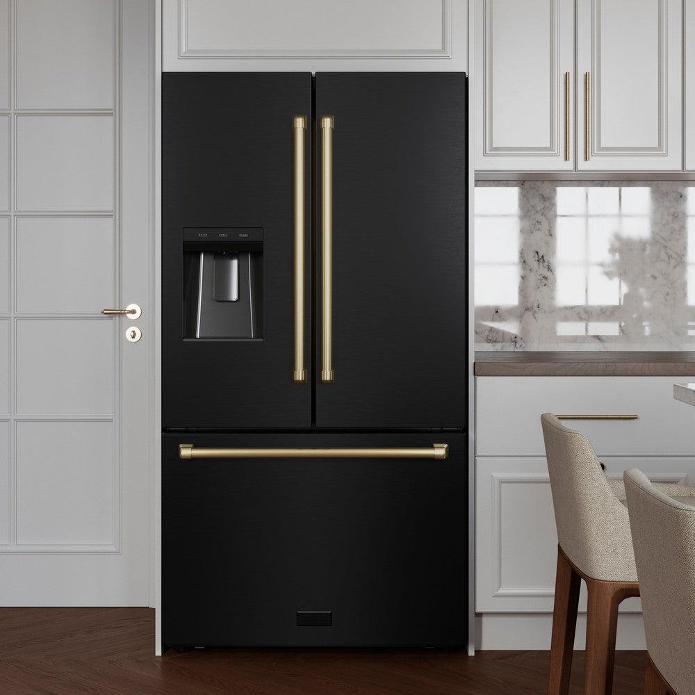 ZLINE Autograph Edition 36 in. 28.9 cu. ft. Standard-Depth French Door External Water Dispenser Refrigerator with Dual Ice Maker in Black Stainless Steel and Champagne Bronze Handles (RSMZ-W-36-BS-CB) in a luxury kitchen with white cabinets, front.