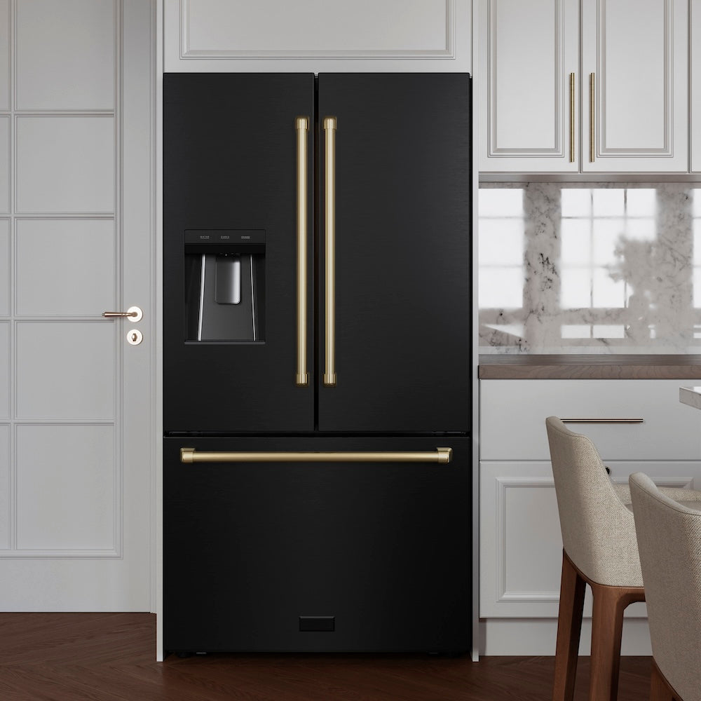 ZLINE Autograph Edition 36 in. 28.9 cu. ft. Standard-Depth French Door External Water Dispenser Refrigerator with Dual Ice Maker in Fingerprint-Resistant Black Stainless Steel and Champagne Bronze Traditional Handles (RSMZ-W-36-BS-CB) in a modern kitchen