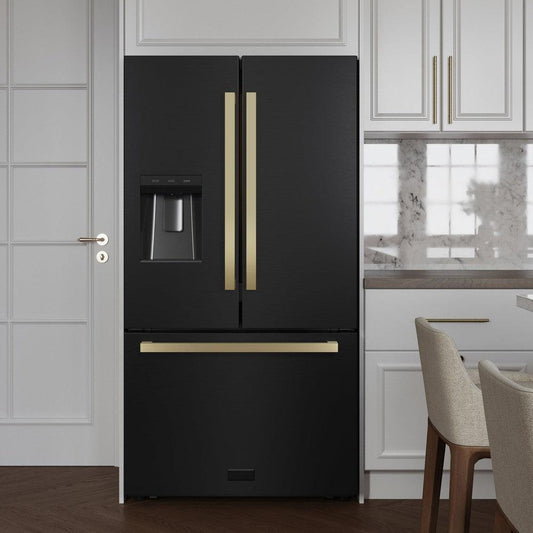 ZLINE Autograph Edition 36 in. 28.9 cu. ft. Standard-Depth French Door External Water Dispenser Refrigerator with Dual Ice Maker in Black Stainless Steel and Champagne Bronze Modern Handles (RSMZ-W36-BS-FCB) in a luxury kitchen with white cabinets, front.