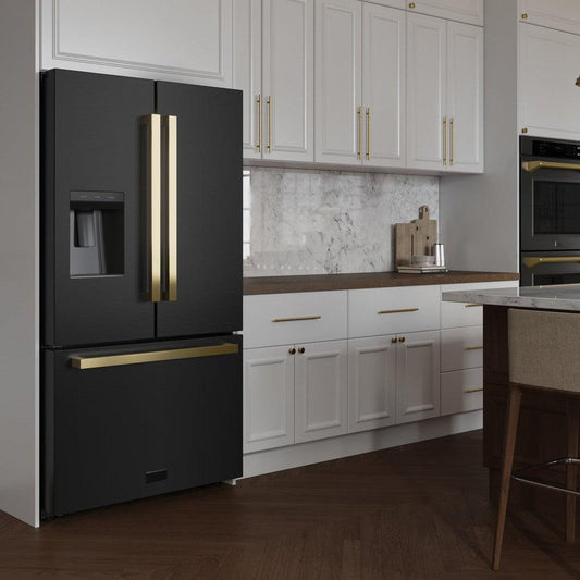 ZLINE Autograph Edition 36 in. 28.9 cu. ft. Standard-Depth French Door External Water Dispenser Refrigerator with Dual Ice Maker in Black Stainless Steel and Polished Gold Modern Handles (RSMZ-W-36-BS-FG) in a luxury kitchen with white cabinets, side.