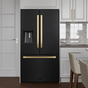 ZLINE Autograph Edition 36 in. 28.9 cu. ft. Standard-Depth French Door External Water Dispenser Refrigerator with Dual Ice Maker in Black Stainless Steel and Polished Gold Modern Handles (RSMZ-W-36-BS-FG) in a luxury kitchen with white cabinets, front.