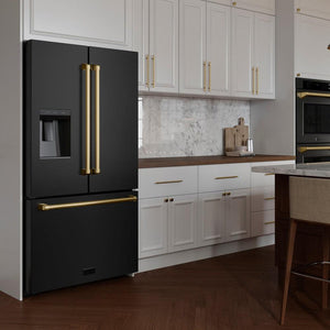 ZLINE Autograph Edition 36 in. 28.9 cu. ft. Standard-Depth French Door External Water Dispenser Refrigerator with Dual Ice Maker in Black Stainless Steel and Polished Gold Handles (RSMZ-W-36-BS-G) in a luxury kitchen with white cabinets, side.