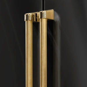 ZLINE Autograph Edition 36 in. 19.6 cu. ft. French Door Built-In Bottom Freezer Refrigerator with Water Dispenser and Ice Maker in Black Stainless Steel with Graphite Gray Interior and Polished Gold Helix Handles (GRBIVZ-BS36KG) two Helix handles on refrigerator exterior showing knurled diamond texture.