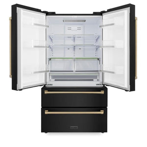 ZLINE Autograph Edition 36 in. 22.5 cu. ft Freestanding French Door Refrigerator with Ice Maker in Fingerprint Resistant Black Stainless Steel with Champagne Bronze Accents (RFMZ-36-BS-CB) front, open.