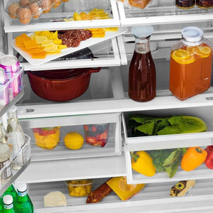 ZLINE Autograph Edition 36 in. 22.5 cu. ft Freestanding French Door Refrigerator with Ice Maker in Fingerprint Resistant Black Stainless Steel with Champagne Bronze Accents (RFMZ-36-BS-CB) close-up, food on adjustable shelving from above.
