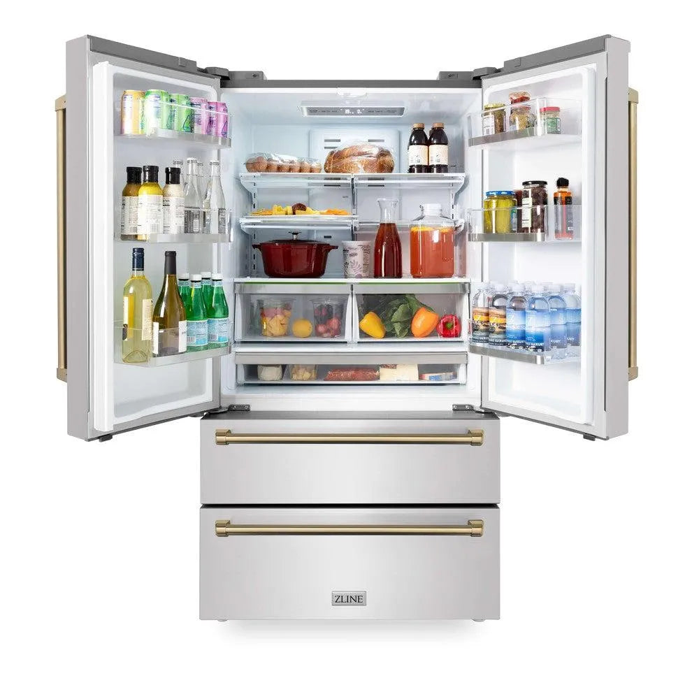 ZLINE Autograph Edition 30 in. Kitchen Package with Stainless Steel Dual Fuel Range, Range Hood, Dishwasher and Refrigerator with Champagne Bronze Accents (4KAPR-RARHDWM30-CB) front, open.