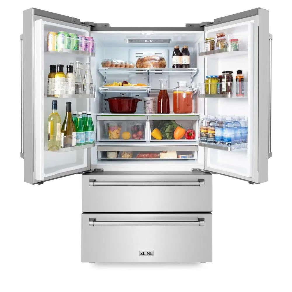 ZLINE Kitchen Package in Stainless Steel with 36 in. Gas Range, 36 in. Range Hood, 36 in. Refrigerator, 24 in. Microwave Drawer, and 24 in. Tall Tub Dishwasher (5KPR-SGRRH36-MWDWV) front, open.
