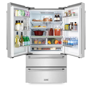ZLINE Kitchen Package in Stainless Steel with 36 in. Gas Range, 36 in. Range Hood, 36 in. Refrigerator, 24 in. Microwave Drawer, and 24 in. Tall Tub Dishwasher (5KPR-SGRRH36-MWDWV) front, open.