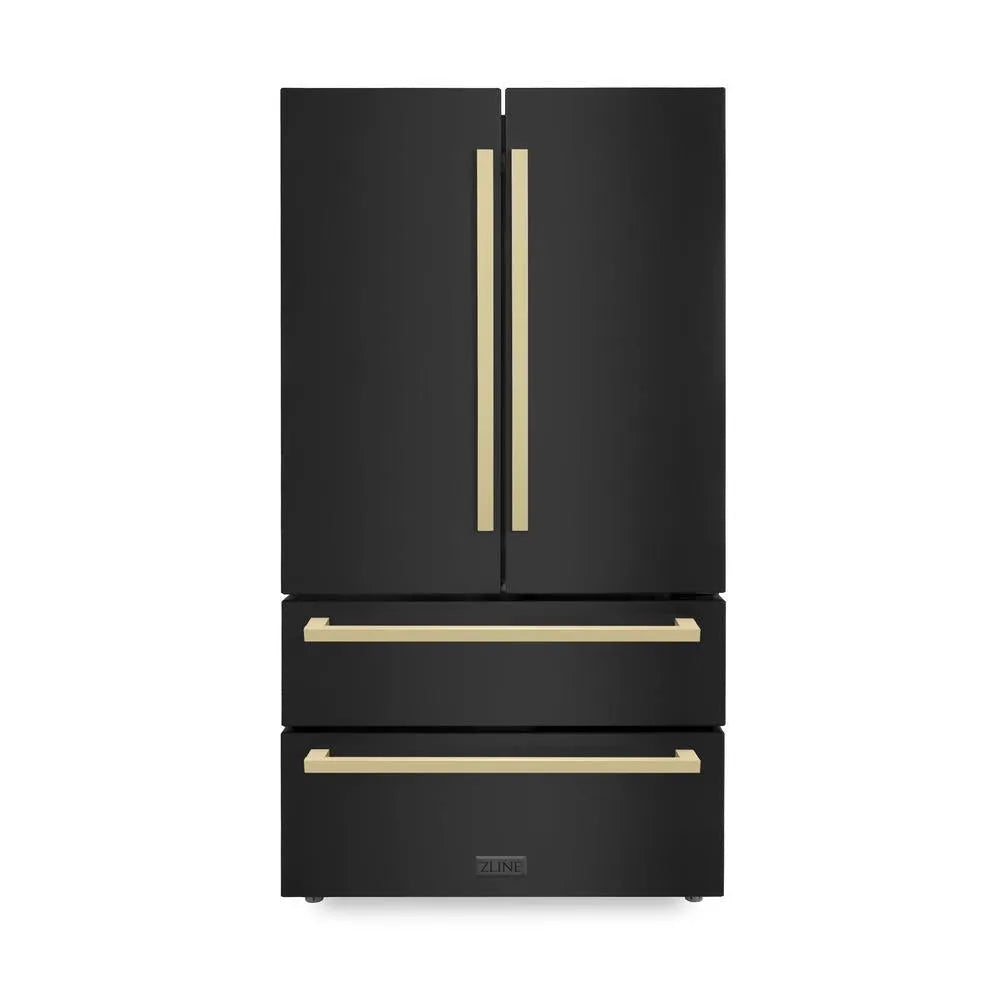 ZLINE Autograph Edition 36 in. 22.5 cu. ft. Counter-Depth French Door Refrigerator with Ice Maker in Fingerprint-Resistant Black Stainless Steel and Champagne Bronze Modern Handles (RFMZ-36-BS-FCB) main image.