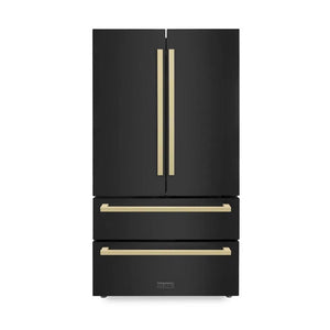 ZLINE Autograph Edition 36 in. 22.5 cu. ft. Counter-Depth French Door Refrigerator with Ice Maker in Fingerprint-Resistant Black Stainless Steel and Champagne Bronze Modern Handles (RFMZ-36-BS-FCB) main image.