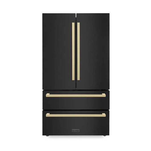 ZLINE Autograph Edition 36 in. 22.5 cu. ft. Counter-Depth French Door Refrigerator with Ice Maker in Fingerprint-Resistant Black Stainless Steel and Champagne Bronze Modern Handles (RFMZ-36-BS-FCB) main image.