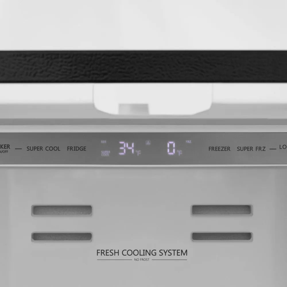 ZLINE Autograph Edition 36 in. 22.5 cu. ft. Counter-Depth French Door Refrigerator with Ice Maker in Fingerprint-Resistant Black Stainless Steel and Champagne Bronze Modern Handles (RFMZ-36-BS-FCB) close-up detail, Fresh Cooling System controls.