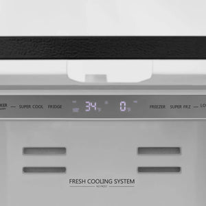 ZLINE Autograph Edition 36 in. 22.5 cu. ft. Counter-Depth French Door Refrigerator with Ice Maker in Fingerprint-Resistant Black Stainless Steel and Champagne Bronze Modern Handles (RFMZ-36-BS-FCB) close-up detail, Fresh Cooling System controls.