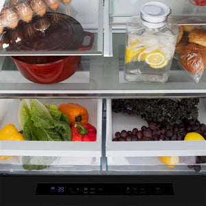 ZLINE 36 in. 21.6 cu. ft 4-Door French Door Refrigerator with Water and Ice Dispenser in Fingerprint Resistant Stainless Steel (RFM-W-36) close-up above, food and drinks inside refrigeration compartment.