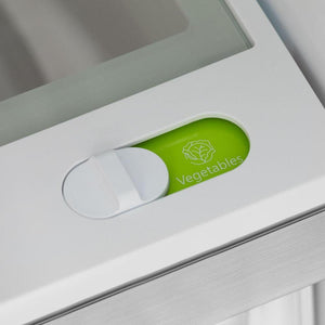 ZLINE Autograph Edition 36 in. 22.5 cu. ft. Counter-Depth French Door Refrigerator with Ice Maker in Fingerprint-Resistant Stainless Steel with Champagne Bronze Traditional Handles (RFMZ-36-CB) close-up detail, StayFresh vegetable drawer.