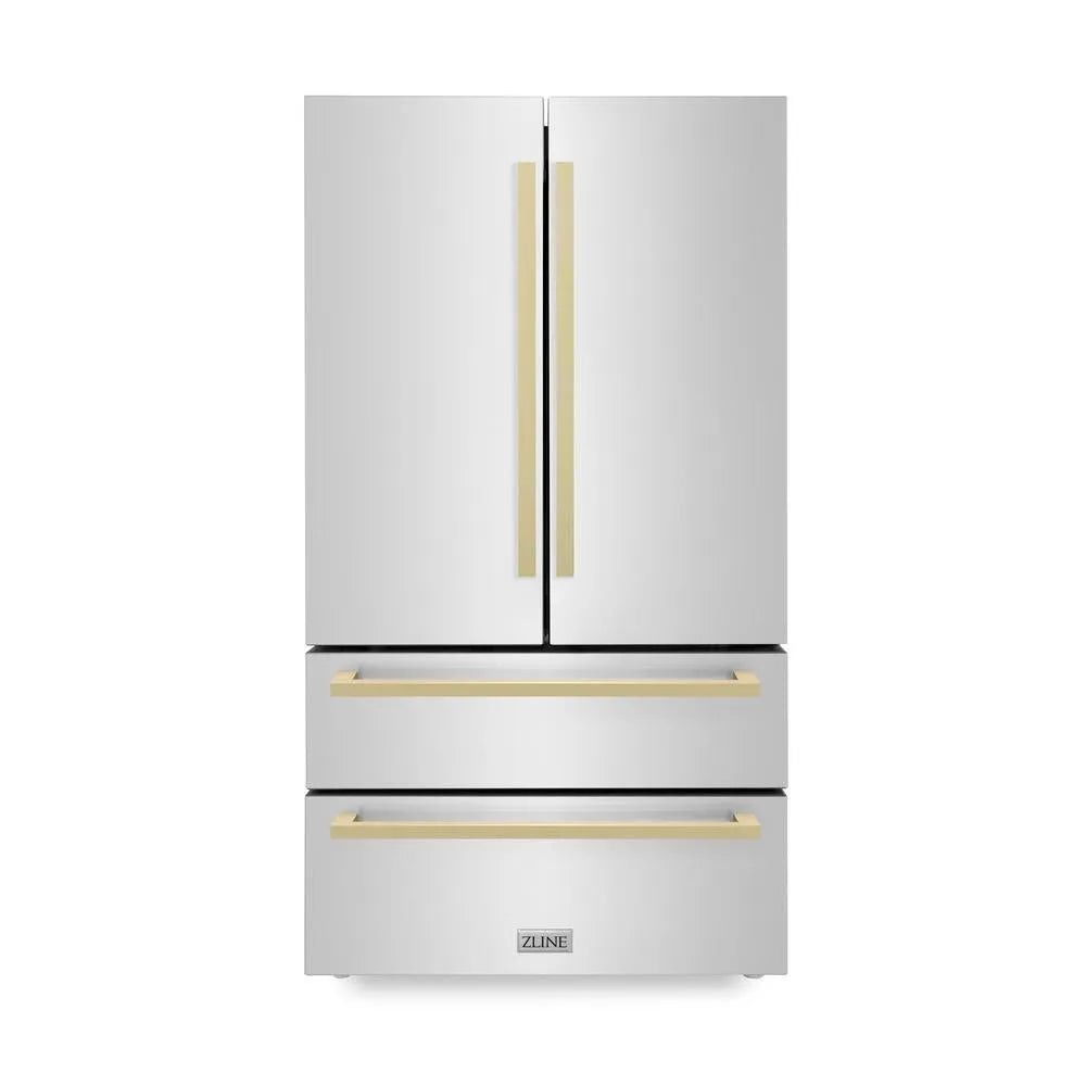 ZLINE Autograph Edition 36 in. 22.5 cu. ft. Counter-Depth French Door Refrigerator with Ice Maker in Fingerprint-Resistant Stainless Steel with Champagne Bronze Modern Handles (RFMZ-36-FCB) main image.