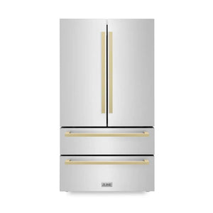 ZLINE Autograph Edition 36 in. 22.5 cu. ft. Counter-Depth French Door Refrigerator with Ice Maker in Fingerprint-Resistant Stainless Steel with Champagne Bronze Modern Handles (RFMZ-36-FCB) main image.