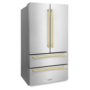 ZLINE Autograph Edition 36 in. 22.5 cu. ft. Counter-Depth French Door Refrigerator with Ice Maker in Fingerprint-Resistant Stainless Steel with Champagne Bronze Modern Handles (RFMZ-36-FCB) side, closed.